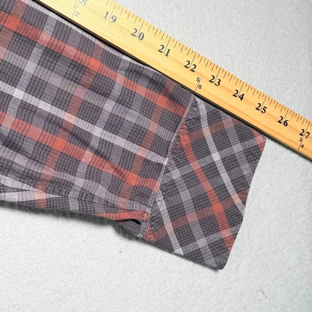 Banana Republic Mens Grey Red Plaid Western Pearl Snap Long Sleeve Shirt Stretch
